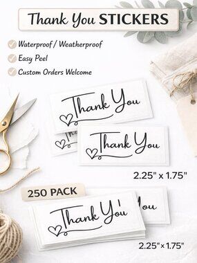 Thank You Stickers 250 Pack Rectangle 2.25x1.75 Small Business Packaging Labels